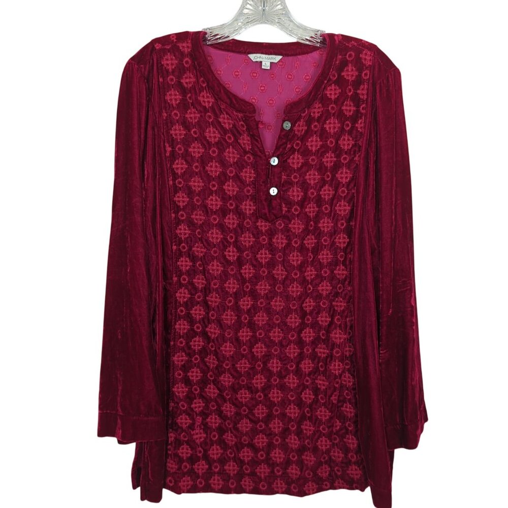 John Mark Womens Velvet Embroidered Long Sleeve‎ Top Size L Red
